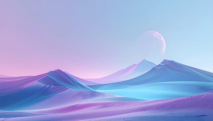 Futuristic pastel gradient desert landscape with smooth dunes blue and purple minimal sky