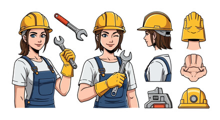 Cartoon Woman Construction Worker with Wrench and Hard Hat Character Art
