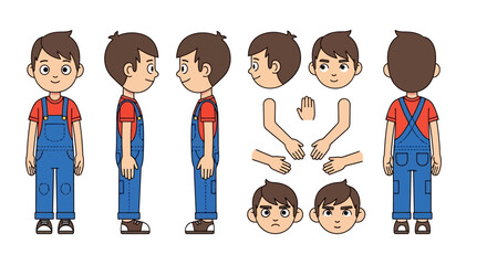Illustration of a Young Boy Character Design Sheet with Different Angles and Facial Expressions