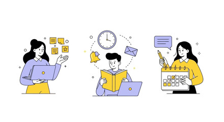 Diverse professionals managing tasks with laptops, calendars, and notes