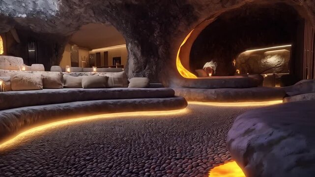 Spectacular Cave Interior Design with Lava Accents, Featuring Stone Seating, Ambient Lighting, and a Unique Underground Living Space for an Unforgettable Experience