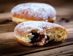Freshly Baked Doughnuts with Sugar Coating and Sweet Jelly Filling on Rustic Wooden Table