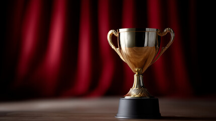 A high-end studio photograph of a polished golden trophy with ornate textured handles standing on a smooth wooden table surface. The trophy features highly reflective gold plating