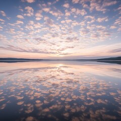A tranquil lake reflecting a colorful sky filled with scattered clouds during sunset, creating a peaceful and scenic natural landscape scene