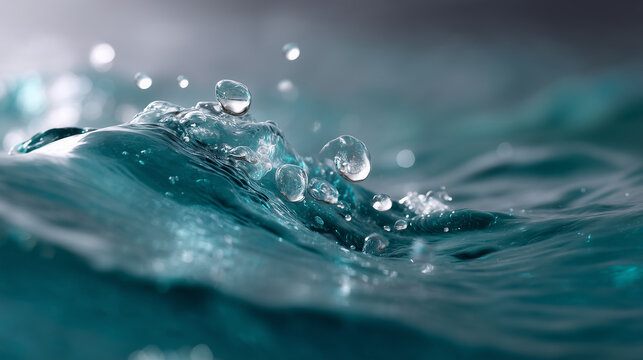 A high-resolution macro close-up capturing the dynamic movement of crystal-clear water with multiple suspended air bubbles of various sizes. The water surface forms smooth fluid wa