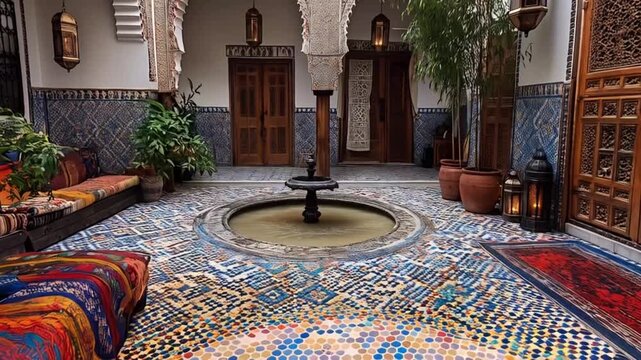 Captivating Courtyard Oasis: A Moroccan Riad with Intricate Tilework, Serene Fountain, and Lush Greenery, Evoking Tranquility and Exotic Charm in a Traditional Setting