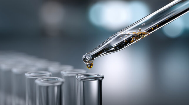 A high-resolution macro-style laboratory scene showing a transparent pipette positioned above a row of clean glass test tubes. The pipette tip is aligned precisely with the opening