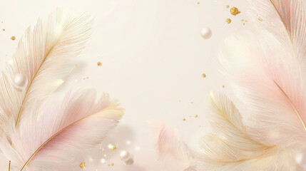 Graceful, light pink and gold feathers, shimmering glitter, subtle pearls.