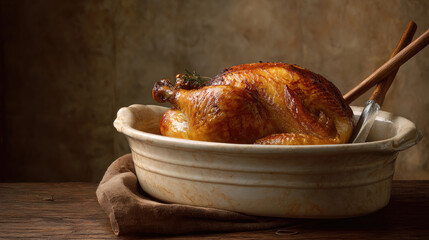 Golden Roasted Chicken in Ceramic Dish
