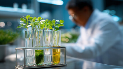 Defocused silhouette of a researcher behind sharp foreground test tubes holding green sprouts in nutrient solution, sterile biotech setting, with copy space
