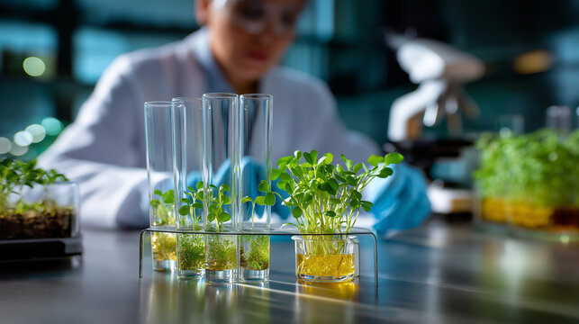 Defocused silhouette of a researcher behind sharp foreground test tubes holding green sprouts in nutrient solution, sterile biotech setting, with copy space