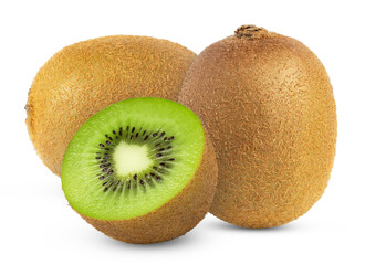 Two ripe whole green kiwi fruit and half isolated. Kiwis with clipping path.