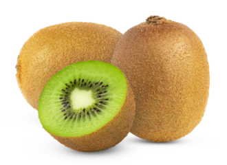 Two ripe whole green kiwi fruit and half isolated. Kiwis with clipping path.