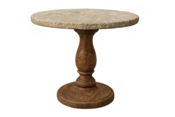 Pedestal table featuring a rough texture stone top and a detailed carved wood base, isolated for architectural and interior design projects