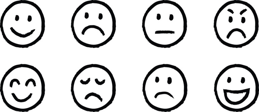 Collection of hand drawn cartoon faces showing a variety of emotions and expressions on a white background