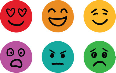 Collection of six colorful hand drawn cartoon emoji faces expressing different emotions on a white background