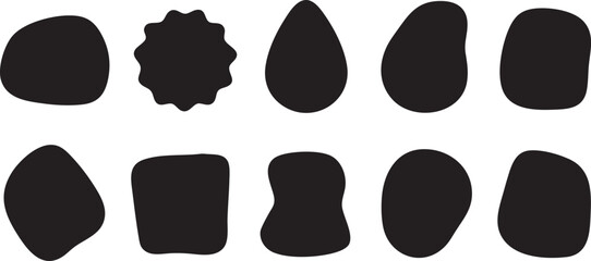 Collection of ten diverse abstract organic black shapes on a white background