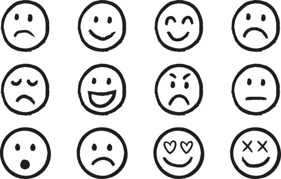 Collection of hand drawn smiley faces expressing a variety of emotions and feelings