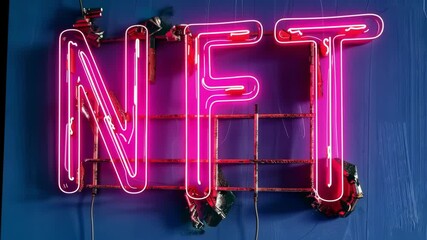 Glowing Neon NFT Sign on Dark Wall Blockchain Art Concept - Powered by Adobe