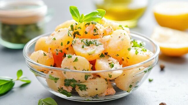 A Delicious Salad with lemon: A culinary delight featuring a vibrant salad of perfectly cooked potatoes, drizzled with aromatic herb and zesty lemon, creating a refreshing taste.