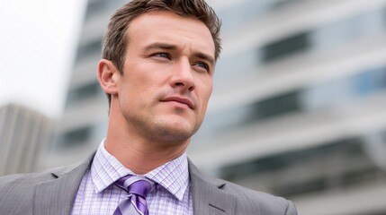 Fototapeta premium Man in a suit and tie is standing in front of a building