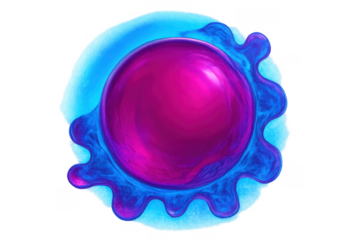 Magenta orb in vibrant blue liquid, an abstract glossy sphere illustration on a transparent background