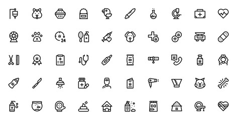 Veterinary icon set. Pet care vector illustrations. ncludes symbols for dog, ct, hamster, stethoscope, vccine, syringe, paw, bone nd more. Editable stroke.