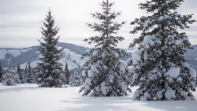 Snow covered evergreen trees on a snowy mountain landscape - Powered by Adobe