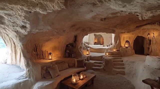 Spacious and inviting living area inside a carved cave dwelling, featuring a cozy seating area, soft lighting from lanterns, and a glimpse of a serene bedroom space beyond