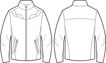 Modern men’s jacket technical flat sketch, stylish outerwear CAD drawing, fashion design vector template for apparel designers and illustrators