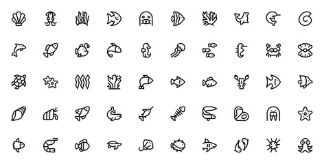 Sea life icon set. Vector marine animal collection. ncludes seashell, squid, saweed, fish, seal, dolphin shark, whale, octopus, tutle, crab, jellyfish and mre. © wang