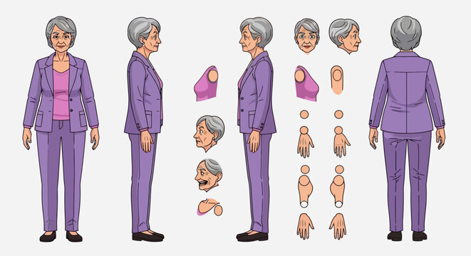 Elderly woman character model sheet with front, side, and back views for animation or game design.