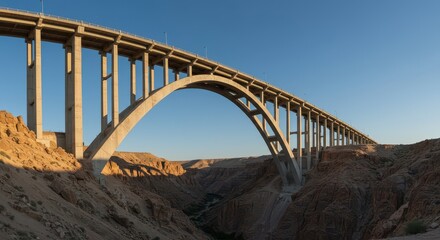 Obraz premium Monumental concrete arch-gravity structure spanning a deep desert gorge, showcasing massive infrastructure used for water and electric power management, technology, utility, reservoir