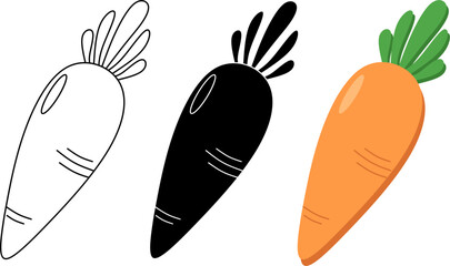 Clean vector set of carrot outline, silhouette, and full-color version. Simple, bold, and editable design perfect for icons, stickers, prints, and branding.