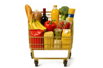 Shopping cart filled with a variety of fresh produce, pantry staples, and beverages, representing grocery shopping and consumerism