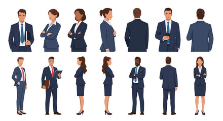 Diverse business professionals in various poses wearing suits, standing, and demonstrating confidence in workplace scenarios