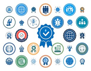 A collection of colorful badges and icons, with a focus on global reach and teamwork