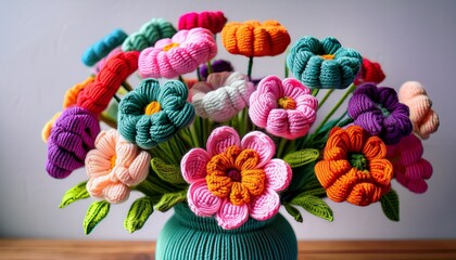 Crochet Bouquet Of Flowers In A Vase Generative Ai