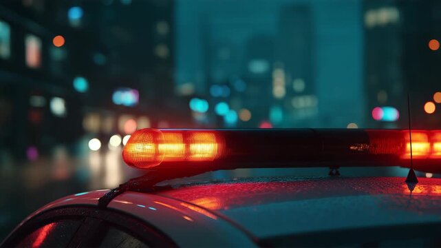 夕景の街で車の屋根の赤い警光灯が点灯し色彩のボケに映える