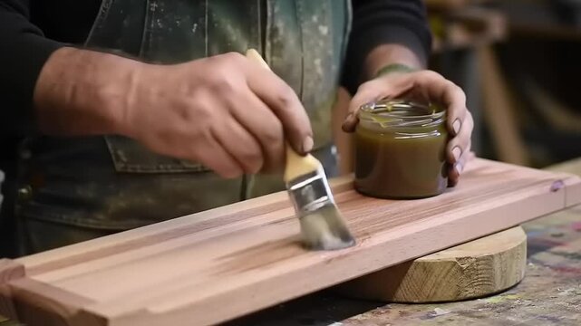 Carpenter applying varnish to wooden board.