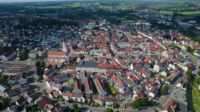 Aerial view around the city Pfaffenhofen an der Ilm in Germany., Bavaria on a sunny afternoon in spring.