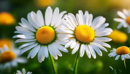 Obraz premium Detailed Macro Close Up Shot Of Bright White And Yellow Daisy Flowers Blooming In A Lush Green Field Shallow Depth Of Field Natural Lighting Vibrant Colors Intricate Petals And Centers Serene And