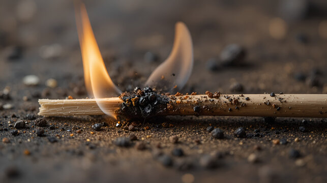 A match burned down to the end with charred wood, symbolizing physical and emotional exhaustion