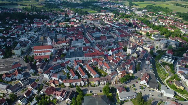 Aerial view around the city Pfaffenhofen an der Ilm in Germany., Bavaria on a sunny afternoon in spring.
