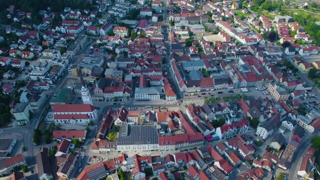 Aerial view around the city Pfaffenhofen an der Ilm in Germany., Bavaria on a sunny afternoon in spring.