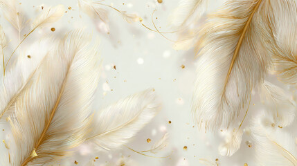 Delicate golden and cream feathers with subtle glitter effects and bokeh.