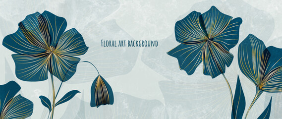 Abstract floral art background featuring blue flowers and leaves with gold line elements. A botanical banner with a bouquet is perfect for decor, prints, packaging, posters, and interiors.