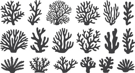 Black coral silhouette vector set featuring diverse marine reef shapes for ocean design, underwater themes, and nature-inspired illustrations