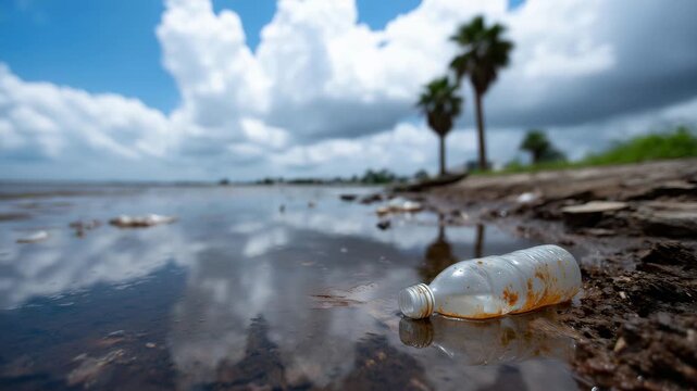 4k "Polluted shoreline scattered with plastic bottles, food containers, and trash beside still reflective water