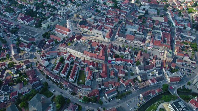 Aerial view around the city Pfaffenhofen an der Ilm in Germany., Bavaria on a sunny afternoon in spring.